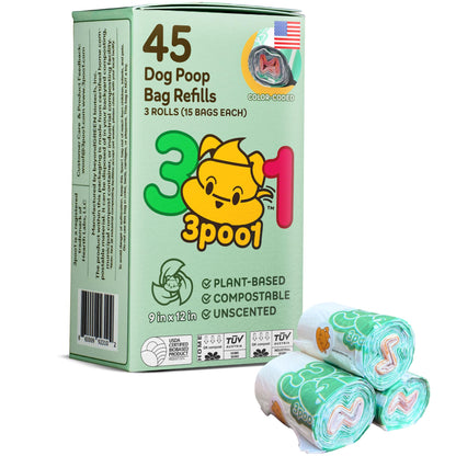 45 Poop Bags for Dogs - Certified Compostable Pet Dog Poop Bags Rolls Refill Made in USA 45 Bags (3 Rolls) - Leakproof Extra Thick Pet Waste Eco Friendly Plant Based Material Color Coded for Easy Use