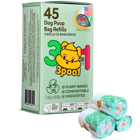 45 Poop Bags for Dogs - Certified Compostable Pet Dog Poop Bags Rolls Refill Made in USA 45 Bags (3 Rolls) - Leakproof Extra Thick Pet Waste Eco Friendly Plant Based Material Color Coded for Easy Use