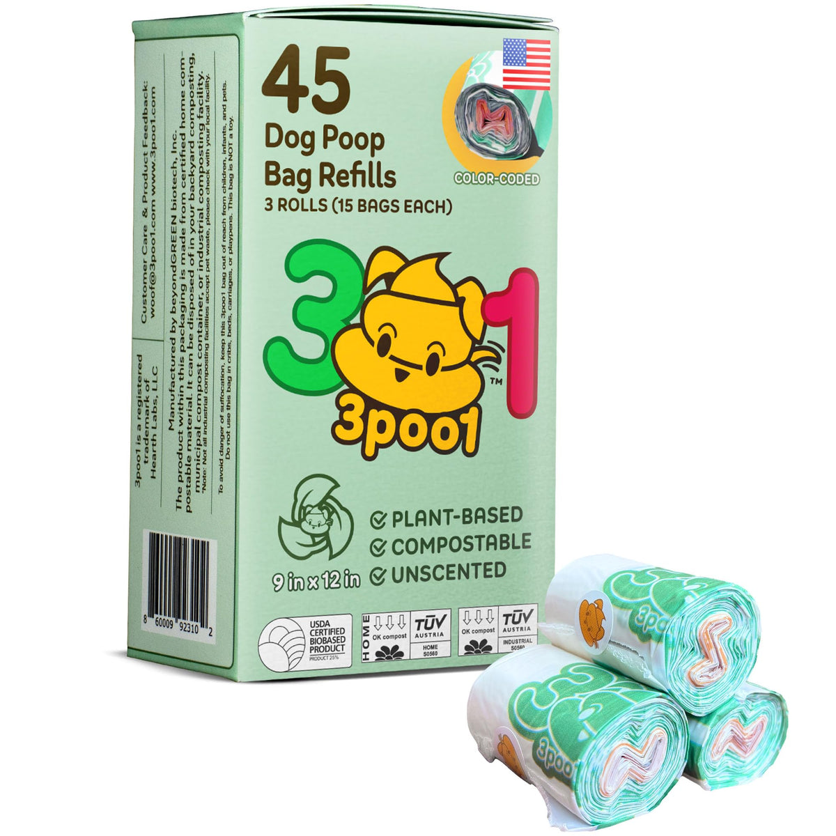 45 Poop Bags for Dogs - Certified Compostable Pet Dog Poop Bags Rolls Refill Made in USA 45 Bags (3 Rolls) - Leakproof Extra Thick Pet Waste Eco Friendly Plant Based Material Color Coded for Easy Use