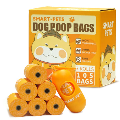 100% Certified Home Compostable Dog Poop Bags - EN 13432 Compliant Dog Waste Bags -105 Bags- 7 x Rolls of Plant Based Compostable Poop Bags -Includes A Dispenser-Thick Doggie Poop Bags（Orange）