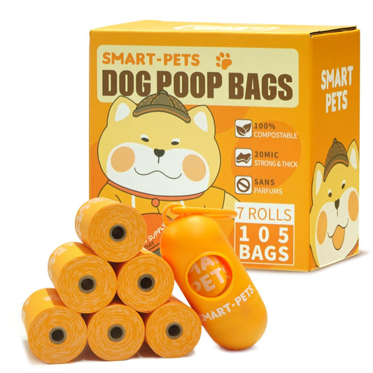 100% Certified Home Compostable Dog Poop Bags - EN 13432 Compliant Dog Waste Bags -105 Bags- 7 x Rolls of Plant Based Compostable Poop Bags -Includes A Dispenser-Thick Doggie Poop Bags（Orange）